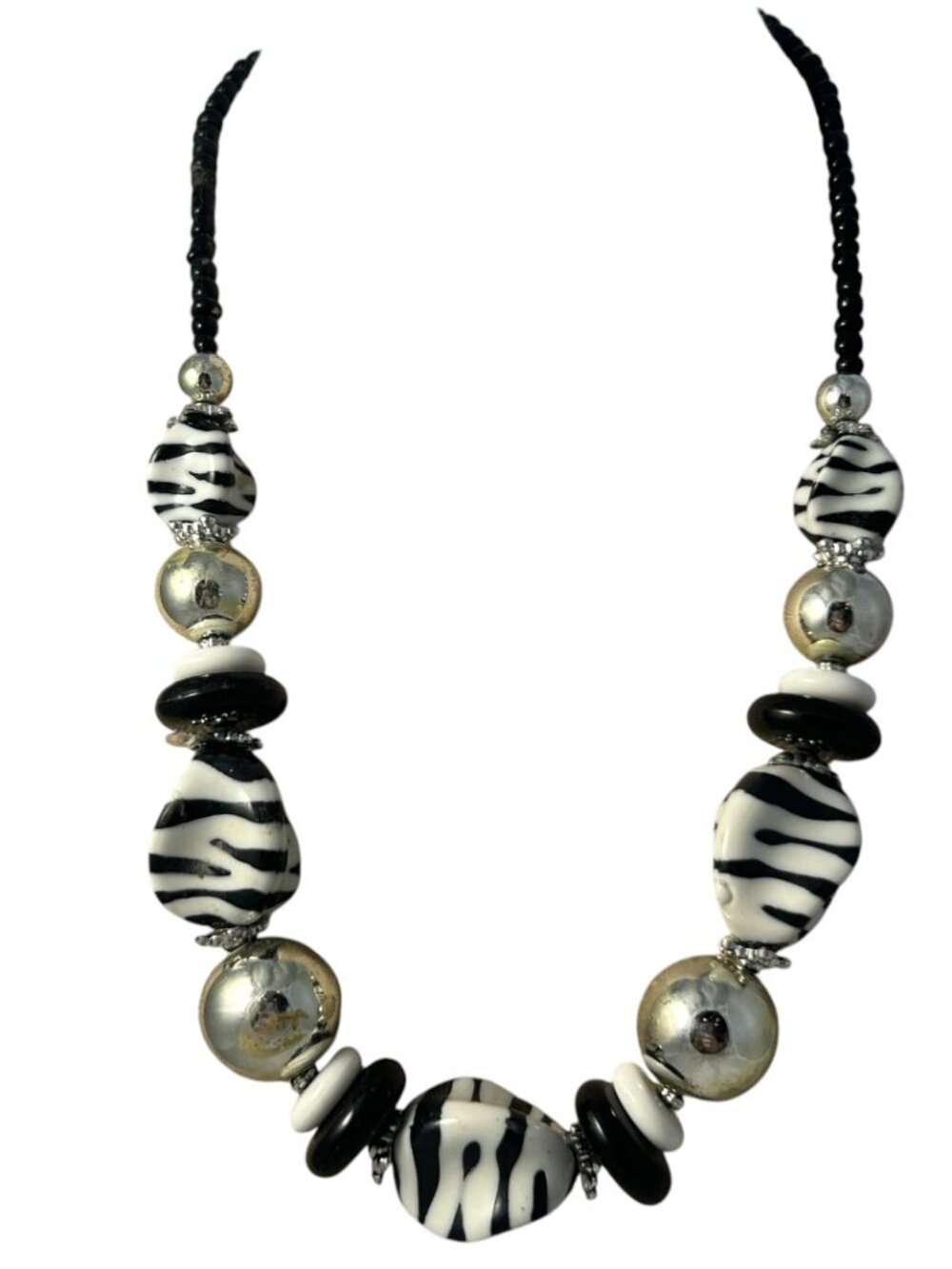 Zebra Print Beaded Statement Necklace Black White Silver Tone Chunky Boho